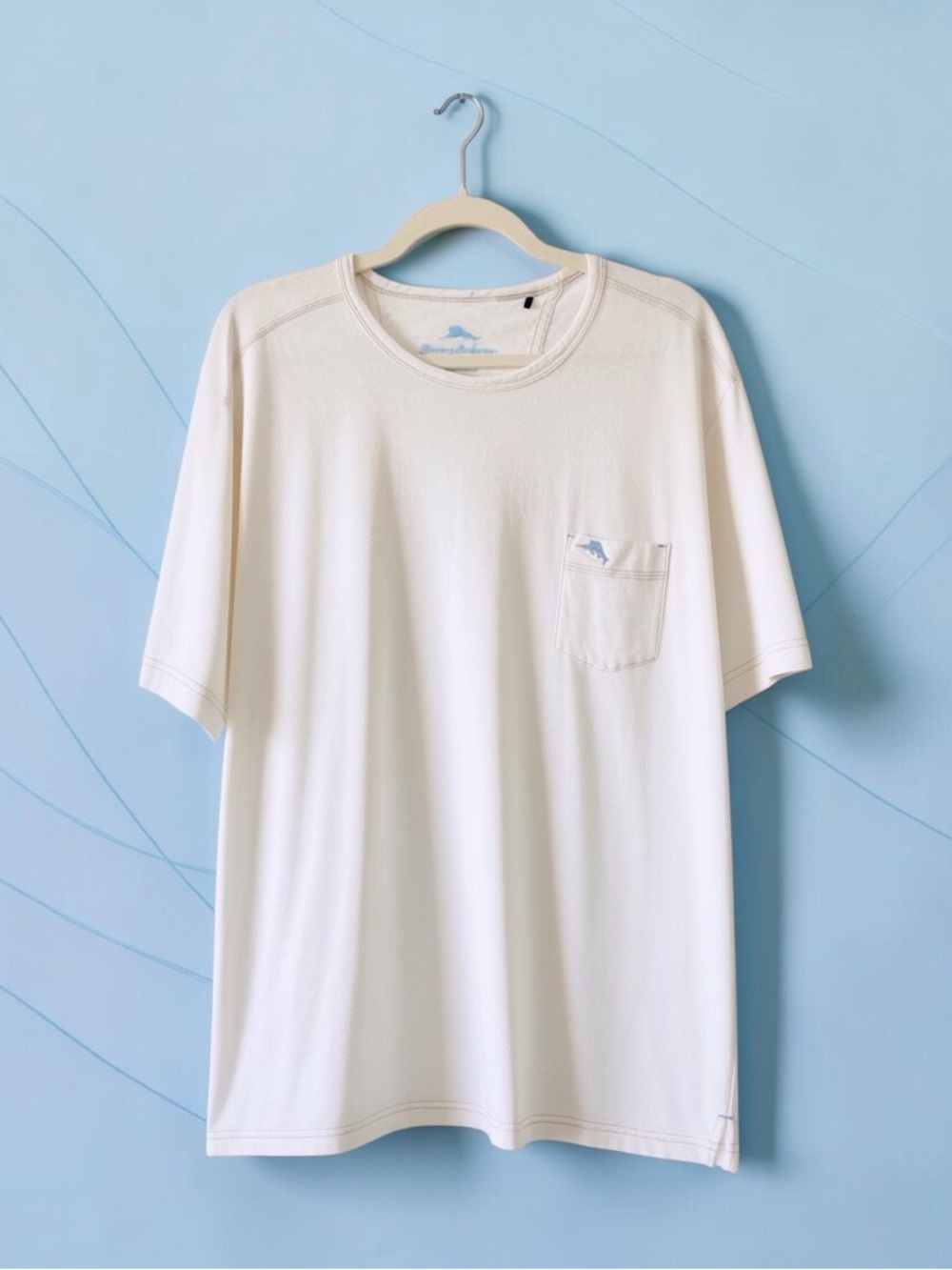 Tommy Bahama Pocket Tee Mens XL Cream White Slub Knit Marlin Logo Coastal Resort